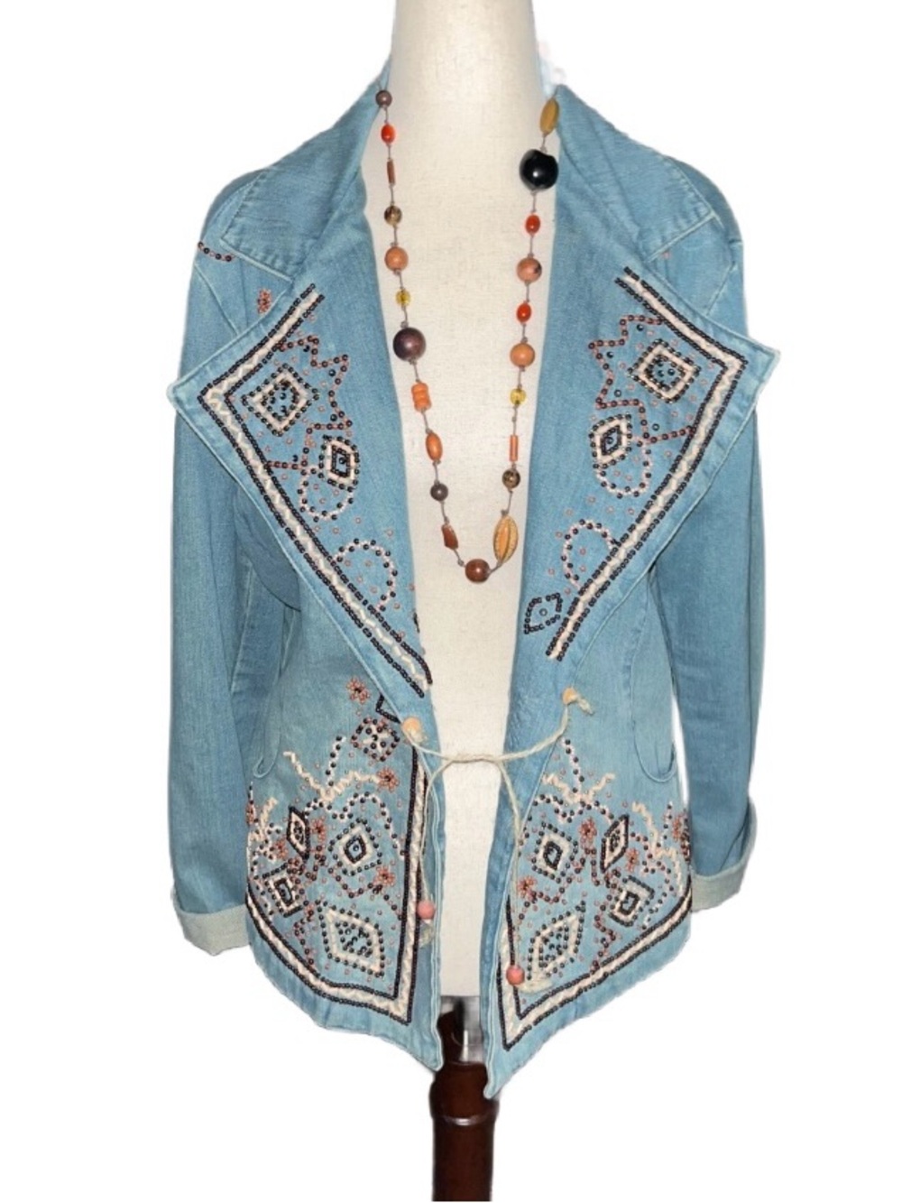 Emanuel Ungaro ~ Size 16 ~ Denim Beaded ~ Geometric Designs ~ Denim Jacket